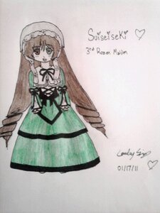 Rating: Safe Score: 0 Tags: 1girl brown_hair dress green_dress hat image long_hair long_sleeves looking_at_viewer ribbon solo suiseiseki very_long_hair User: admin