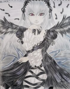 Rating: Safe Score: 0 Tags: 1girl black_wings detached_collar dress feathered_wings feathers flower frills hairband image long_hair long_sleeves looking_at_viewer pink_eyes rose solo suigintou traditional_media very_long_hair wings User: admin