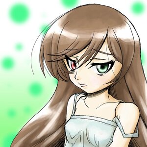 Rating: Safe Score: 0 Tags: 1girl bangs bare_shoulders brown_hair closed_mouth collarbone dress flat_chest frown green_background green_eyes image long_hair looking_at_viewer red_eyes solo strap_slip suiseiseki sundress swept_bangs upper_body User: admin