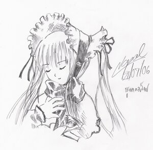 Rating: Safe Score: 0 Tags: 1girl bonnet closed_eyes greyscale image long_hair long_sleeves monochrome ribbon shinku simple_background solo traditional_media upper_body white_background User: admin