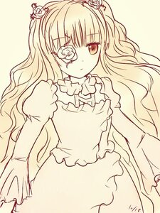 Rating: Safe Score: 0 Tags: 1girl dress eyepatch flower frills hair_flower hair_ornament image kirakishou long_hair long_sleeves looking_at_viewer monochrome rose solo two_side_up User: admin