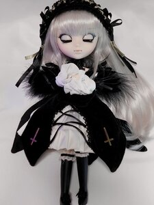Rating: Safe Score: 0 Tags: 1girl bangs black_dress black_footwear black_ribbon boots closed_eyes closed_mouth cross doll dress full_body gothic_lolita grey_background lolita_fashion long_hair long_sleeves solo standing suigintou User: admin