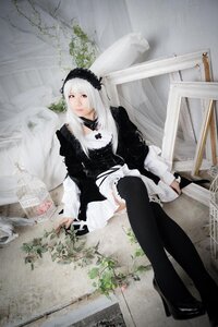 Rating: Safe Score: 0 Tags: 1girl black_legwear dress flower frills hairband high_heels lips long_hair long_sleeves photo plant silver_hair sitting solo suigintou thighhighs User: admin