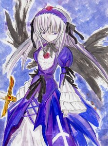 Rating: Safe Score: 0 Tags: 1girl black_wings detached_collar dress flower frilled_sleeves frills hairband image long_hair long_sleeves looking_at_viewer rose solo standing suigintou traditional_media wings User: admin