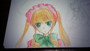 Rating: Safe Score: 0 Tags: blonde_hair blue_eyes bonnet bow bowtie dress green_bow green_neckwear hat image long_hair long_sleeves looking_at_viewer marker_(medium) multiple_girls photo shinku simple_background solo traditional_media twintails watercolor_(medium) User: admin