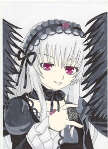 Rating: Safe Score: 0 Tags: 1girl black_wings detached_collar dress flower frills hairband image long_hair long_sleeves looking_at_viewer marker_(medium) pink_eyes ribbon rose silver_hair smile solo suigintou traditional_media white_background wings User: admin