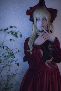 Rating: Safe Score: 0 Tags: 1girl bangs blonde_hair blue_eyes blunt_bangs bonnet dress flower lips lolita_fashion long_hair long_sleeves looking_at_viewer red_dress shinku solo User: admin