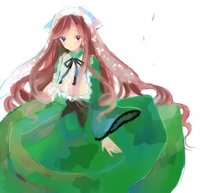 Rating: Safe Score: 0 Tags: 1girl brown_hair dress frills green_dress heterochromia image long_hair long_sleeves looking_at_viewer red_eyes ribbon simple_background solo suiseiseki very_long_hair white_background User: admin