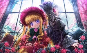 Rating: Safe Score: 0 Tags: 2girls blonde_hair bonnet curtains dress flower hat image lolita_fashion long_hair long_sleeves looking_at_viewer multiple_girls pair pink_flower pink_rose purple_rose red_flower red_rose rose shinku suigintou window wings User: admin