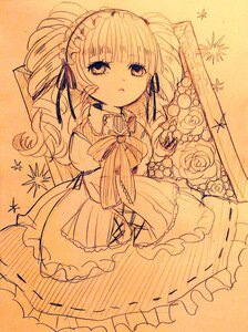 Rating: Safe Score: 0 Tags: 1girl auto_tagged dress eyebrows_visible_through_hair flower frills hair_ribbon image long_hair looking_at_viewer monochrome ribbon rose shinku solo star_(symbol) traditional_media twintails User: admin
