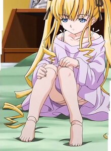 Rating: Safe Score: 0 Tags: 1girl bare_shoulders barefoot blonde_hair blue_eyes feet hair_ribbon image long_hair off_shoulder ribbon shinku sitting solo thighhighs twintails very_long_hair User: admin