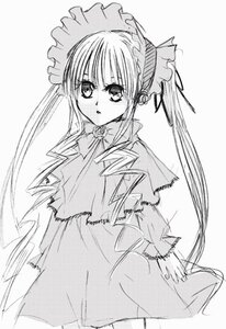 Rating: Safe Score: 0 Tags: 1girl bonnet bow bowtie capelet cowboy_shot dress greyscale image long_hair long_sleeves looking_at_viewer monochrome shinku simple_background solo standing torn_clothes twintails very_long_hair white_background User: admin