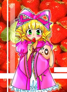 Rating: Safe Score: 0 Tags: 1girl blonde_hair blush bow dress flower food frills fruit green_eyes hina_ichigo hinaichigo holding holding_fruit image long_sleeves looking_at_viewer pink_bow solo strawberry wide_sleeves User: admin