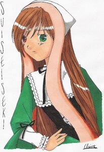 Rating: Safe Score: 0 Tags: 1girl brown_hair dress green_eyes head_scarf heterochromia image long_hair looking_at_viewer red_eyes signature simple_background solo suiseiseki traditional_media upper_body white_background User: admin