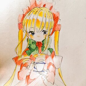 Rating: Safe Score: 0 Tags: 1girl bangs blonde_hair blue_eyes bow cup dress eyebrows_visible_through_hair flower holding image long_hair long_sleeves looking_at_viewer red_dress red_flower red_rose rose shinku sidelocks simple_background solo teacup traditional_media twintails upper_body watercolor_(medium) User: admin