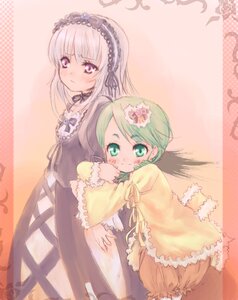 Rating: Safe Score: 0 Tags: 2girls bloomers blush dress flower frills green_eyes green_hair hairband image kanaria long_hair long_sleeves multiple_girls pair silver_hair smile suigintou User: admin