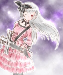 Rating: Safe Score: 0 Tags: 1girl dress electric_guitar frills guitar image instrument long_hair long_sleeves looking_at_viewer music one_eye_closed pink_dress playing_instrument red_eyes ribbon silver_hair solo suigintou User: admin