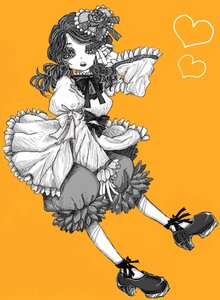 Rating: Safe Score: 0 Tags: 1girl bloomers bow dress frills hair_ornament heart high_heels image kanaria long_sleeves monochrome orange_background shoes simple_background solo spot_color User: admin
