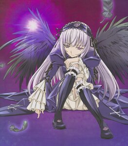 Rating: Safe Score: 0 Tags: 1girl absurdres artist_request black_wings boots dress feathered_wings feathers flower frills hairband highres image long_hair long_sleeves looking_at_viewer pink_eyes ribbon rose rozen_maiden silver_hair sitting smile solo suigintou wings User: admin