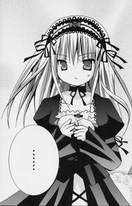 Rating: Safe Score: 0 Tags: 1girl blush detached_collar dress greyscale hairband image lolita_hairband long_hair long_sleeves looking_at_viewer monochrome ribbon solo suigintou traditional_media User: admin