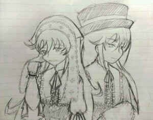 Rating: Safe Score: 0 Tags: 2girls hat image long_hair looking_at_viewer monochrome multiple_girls neck_ribbon pair puffy_sleeves ribbon sisters smile souseiseki suiseiseki traditional_media User: admin