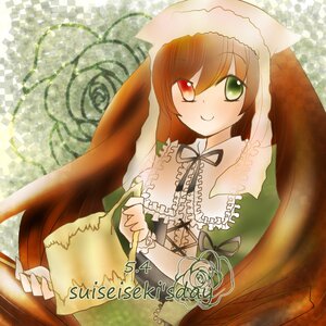 Rating: Safe Score: 0 Tags: 1girl brown_hair checkered checkered_background dress flower frills green_dress green_eyes head_scarf heterochromia image long_hair long_sleeves red_eyes rose smile solo suiseiseki very_long_hair watering_can User: admin