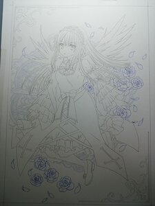 Rating: Safe Score: 0 Tags: 1girl dress flower frame greyscale image lineart long_hair long_sleeves looking_at_viewer monochrome petals rose rose_petals solo suigintou thorns traditional_media wings User: admin