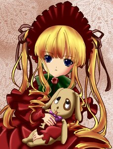 Rating: Safe Score: 0 Tags: 1girl blonde_hair blue_eyes bonnet bow bowtie dress drill_hair flower frills green_bow image long_hair long_sleeves looking_at_viewer red_dress shinku sidelocks sitting solo twintails User: admin