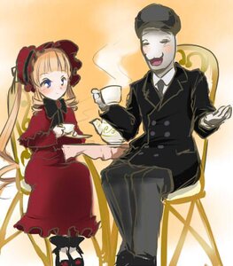 Rating: Safe Score: 0 Tags: 1boy 1girl blonde_hair blue_eyes blush bonnet bow chair cup dress drill_hair hat holding_cup image long_hair long_sleeves red_dress saucer shinku sitting solo table tea teacup teapot very_long_hair User: admin