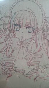 Rating: Safe Score: 0 Tags: 1girl bonnet bowtie dress drill_hair flower frills hat image long_hair long_sleeves looking_at_viewer monochrome photo ribbon rose shinku simple_background solo traditional_media upper_body User: admin