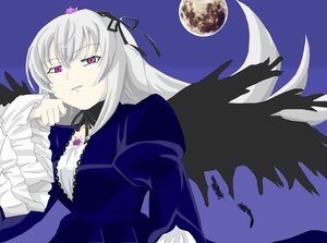 Rating: Safe Score: 0 Tags: 1girl black_wings dress flower frills full_moon hairband image long_hair long_sleeves looking_at_viewer moon night pink_eyes rose silver_hair sky solo suigintou wings User: admin