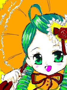 Rating: Safe Score: 0 Tags: 1girl flower green_eyes green_hair image kanaria open_mouth orange_background red_flower ribbon rose simple_background solo umbrella User: admin