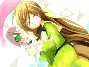 Rating: Safe Score: 0 Tags: 2girls blonde_hair brown_hair closed_eyes dress green_dress green_eyes head_scarf image long_hair long_sleeves multiple_girls sleeping solo souseiseki suiseiseki very_long_hair User: admin