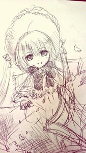 Rating: Safe Score: 0 Tags: 1girl :d auto_tagged dress eyebrows_visible_through_hair hat image long_hair long_sleeves looking_at_viewer monochrome open_mouth shinku sketch smile solo twintails User: admin