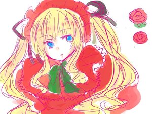 Rating: Safe Score: 0 Tags: 1girl blonde_hair blue_eyes bow bowtie dress flower green_bow green_neckwear image long_hair looking_at_viewer red_flower red_rose rose shinku simple_background solo twintails white_background User: admin