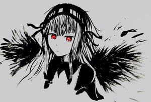 Rating: Safe Score: 0 Tags: 1girl bangs black_wings closed_mouth dress eyebrows_visible_through_hair feathered_wings feathers grey_background hairband image long_hair looking_at_viewer red_eyes ribbon simple_background solo suigintou upper_body wings User: admin