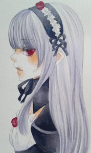 Rating: Safe Score: 0 Tags: 1girl bangs black_ribbon blush dress flower frills hairband image long_hair long_sleeves parted_lips profile red_eyes ribbon rose silver_hair simple_background solo suigintou traditional_media upper_body User: admin