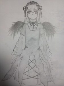 Rating: Safe Score: 0 Tags: 1girl closed_mouth dress feathered_wings feathers greyscale hairband image long_hair long_sleeves looking_at_viewer monochrome ribbon rose smile solo standing suigintou traditional_media wide_sleeves wings User: admin