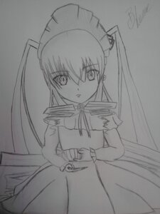 Rating: Safe Score: 0 Tags: 1girl dress frills greyscale holding holding_weapon image long_sleeves looking_at_viewer maid_headdress monochrome shinku simple_background solo white_background User: admin