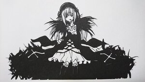 Rating: Safe Score: 0 Tags: 1girl black_wings dress flower greyscale image long_hair long_sleeves monochrome rose solo suigintou wings User: admin