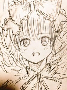 Rating: Safe Score: 0 Tags: 1girl eyebrows_visible_through_hair hand_on_another's_head hat hinaichigo image mob_cap monochrome open_mouth ribbon short_hair signature solo traditional_media User: admin
