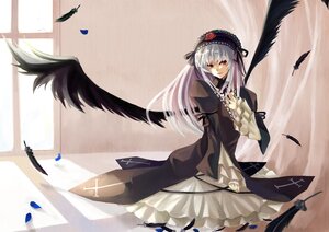 Rating: Safe Score: 0 Tags: 1girl bird black_feathers black_ribbon black_wings dress feathered_wings feathers flower frills hairband image long_hair long_sleeves looking_at_viewer petals red_eyes ribbon rose silver_hair solo suigintou wings User: admin