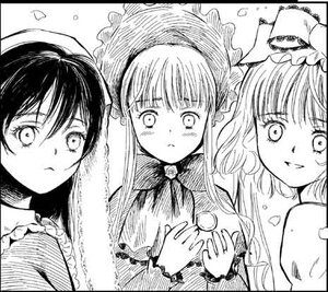 Rating: Safe Score: 0 Tags: 3girls bangs blush bonnet circle_cut frills greyscale hat image letterboxed long_hair looking_at_viewer monochrome multiple multiple_girls pout tagme traditional_media upper_body User: admin