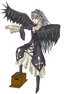 Rating: Safe Score: 0 Tags: 1girl black_wings dress feathered_wings frills full_body hairband image lolita_hairband long_hair long_sleeves looking_at_viewer purple_eyes silver_hair solo suigintou white_background wings User: admin