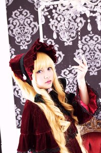 Rating: Safe Score: 0 Tags: 1girl bangs blonde_hair blue_eyes bonnet capelet dress flower lace lips lolita_fashion long_hair looking_at_viewer red_dress shinku solo User: admin