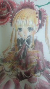 Rating: Safe Score: 0 Tags: 1girl blonde_hair blue_eyes blush bonnet bow dress flower frills image long_hair long_sleeves looking_at_viewer red_dress rose shinku sidelocks solo traditional_media twintails User: admin