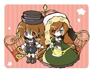 Rating: Safe Score: 0 Tags: 2girls blue_eyes brown_hair chibi dress green_dress hat heterochromia image multiple_girls pair red_eyes short_hair siblings sisters souseiseki suiseiseki twins User: admin