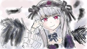 Rating: Safe Score: 0 Tags: 1girl bangs black_feathers black_wings blush closed_mouth dress feathers image long_hair looking_at_viewer motion_blur rose smile solo suigintou white_background wings User: admin