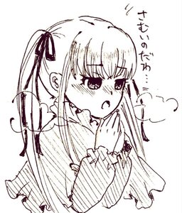 Rating: Safe Score: 0 Tags: 1girl bangs blush breath dress eyebrows_visible_through_hair hair_ribbon image long_hair long_sleeves monochrome open_mouth ribbon shinku simple_background solo striped upper_body vertical_stripes User: admin