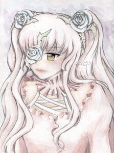 Rating: Safe Score: 0 Tags: 1girl eyepatch flower hair_flower hair_ornament image kirakishou long_hair pink_hair rose smile solo thorns traditional_media two_side_up white_flower white_rose yellow_eyes User: admin